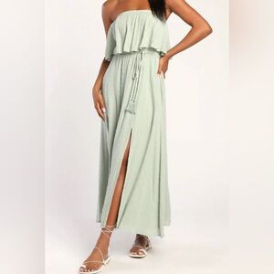 Made for Vacation Sage Green Silver Strapless Maxi Dress